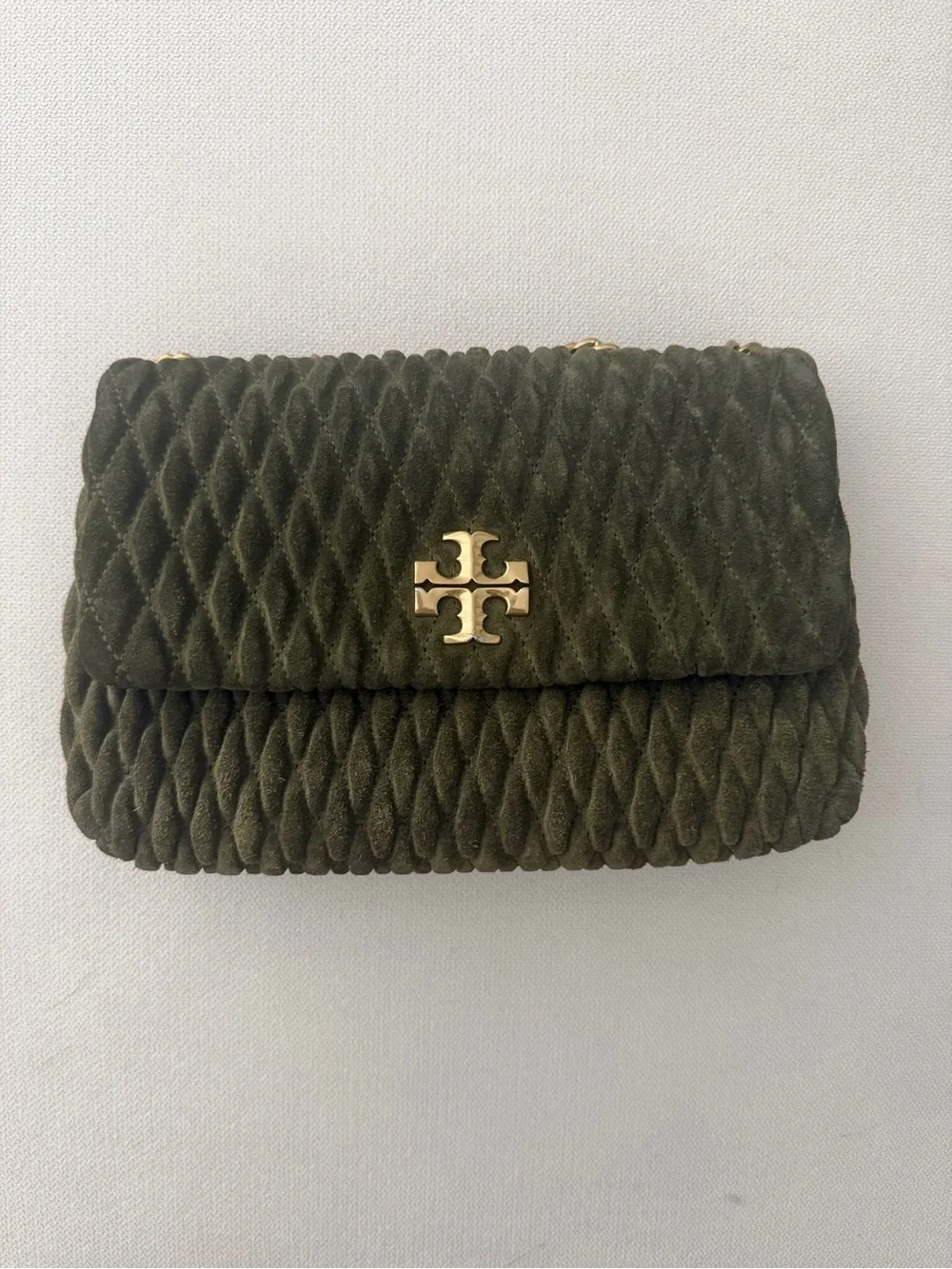 Tory Burch Quilted Olive Velvet Shoulder Bag with Gold Logo